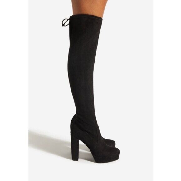 NIB Black Faux Suede Over The Knee Block Heel Baddie Boots - Picture 3 of 6